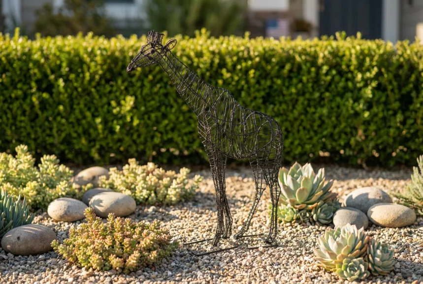 A bare black wire giraffe frame standing among low succulents in a gravel garden