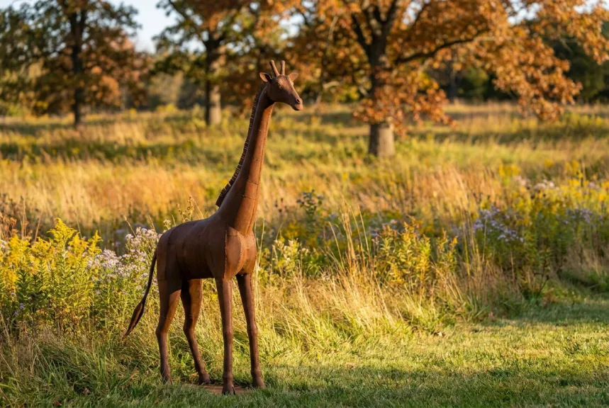 A rust-brown scrap metal giraffe sculpture standing at the edge of a long-grass meadow