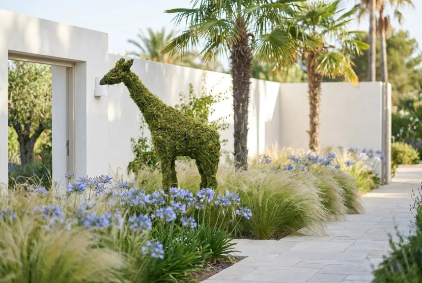Tall mossed giraffe topiary standing in ornamental grasses beside a resort garden path