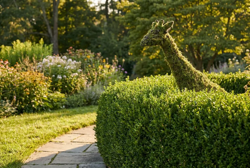 Concept rendering of a mossed giraffe head and neck rising above a clipped garden hedge