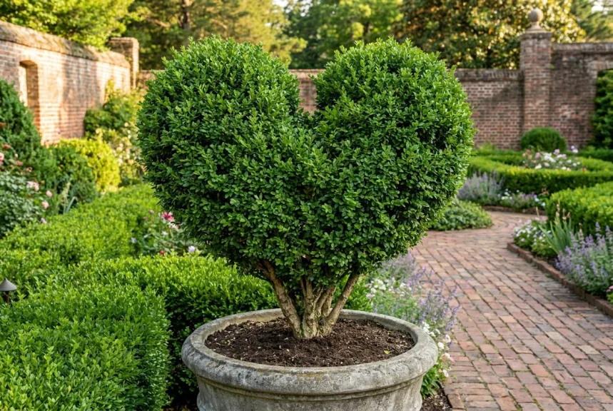 Concept rendering of a live boxwood heart topiary in a stone planter on a brick path