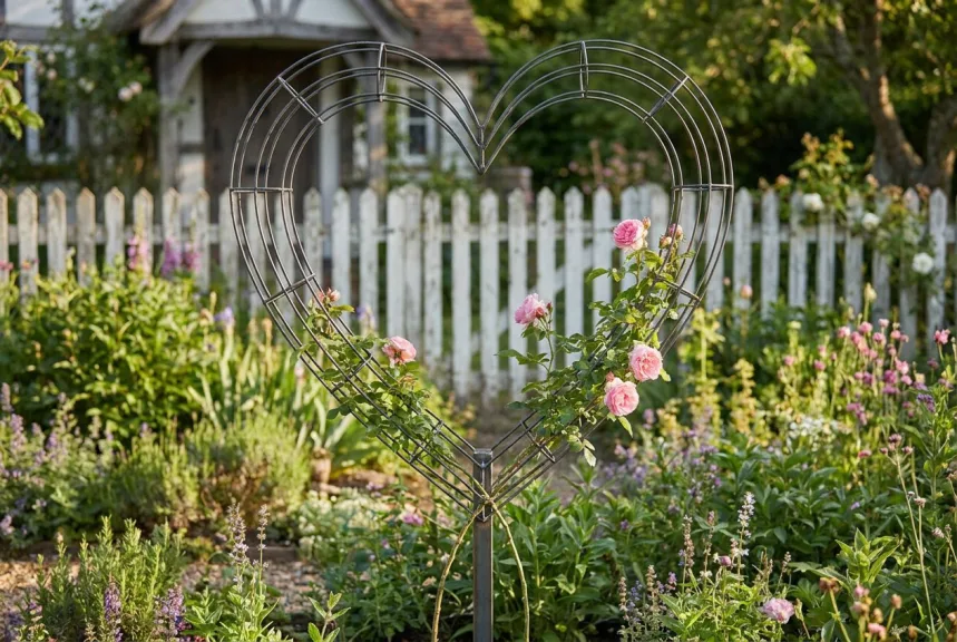 Concept rendering of a bare steel heart frame with a climbing rose in a cottage garden