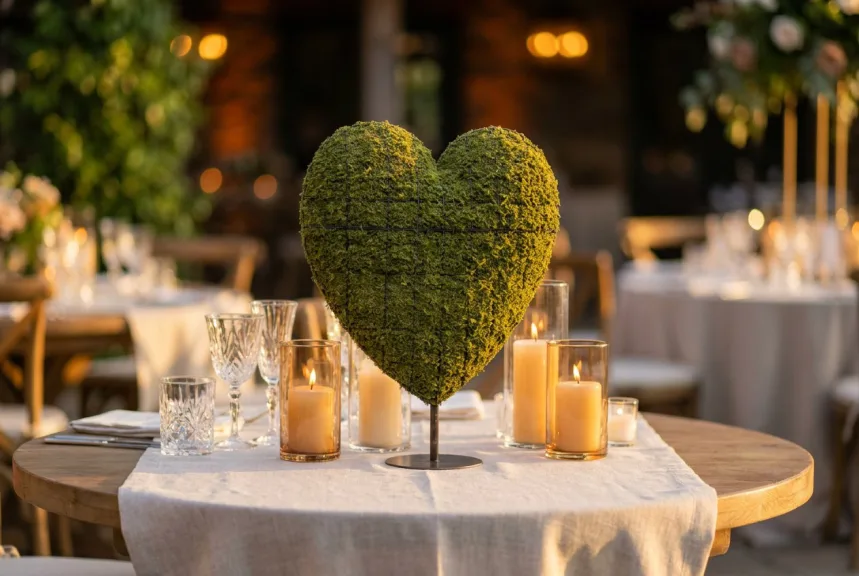 Concept rendering of a small moss heart in a white pot on a reception table