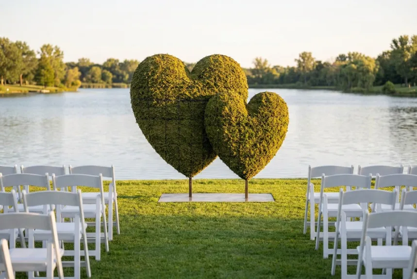 Concept rendering of two overlapping moss hearts on one base at a lakeside wedding ceremony