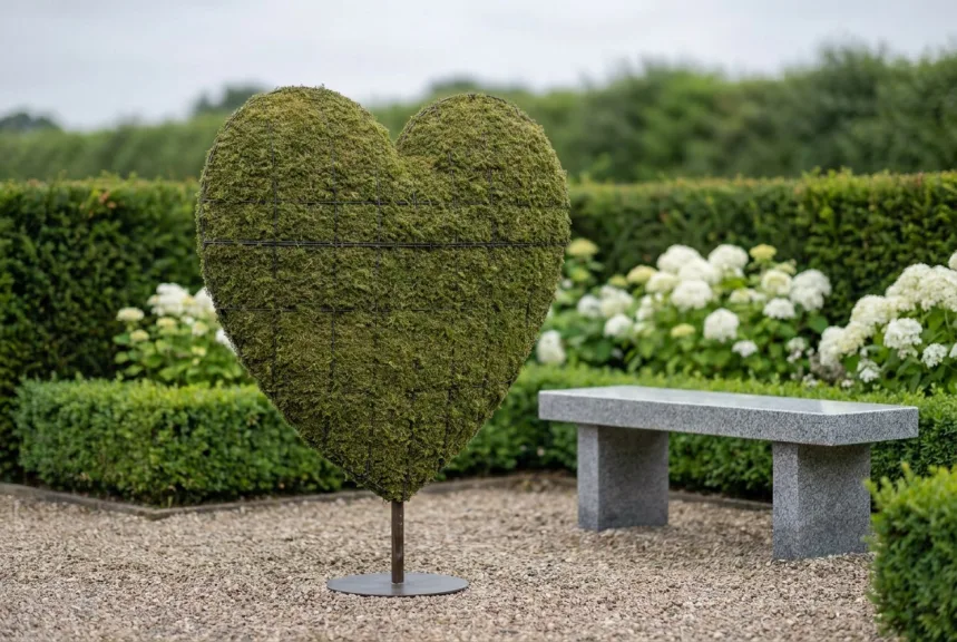 A moss heart topiary on a slim stand in a memorial garden beside a stone bench