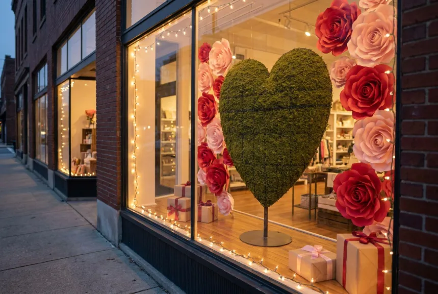 A tall moss heart topiary on a stand inside a boutique window decorated for Valentine's Day