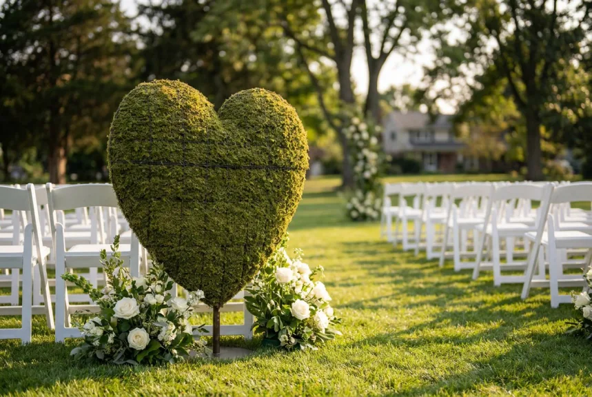 A five-foot moss heart topiary on a steel stand beside the aisle at an outdoor wedding