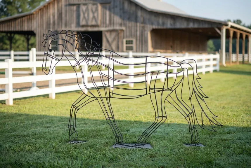 A large bare steel wire horse frame on a lawn outside an equestrian arena