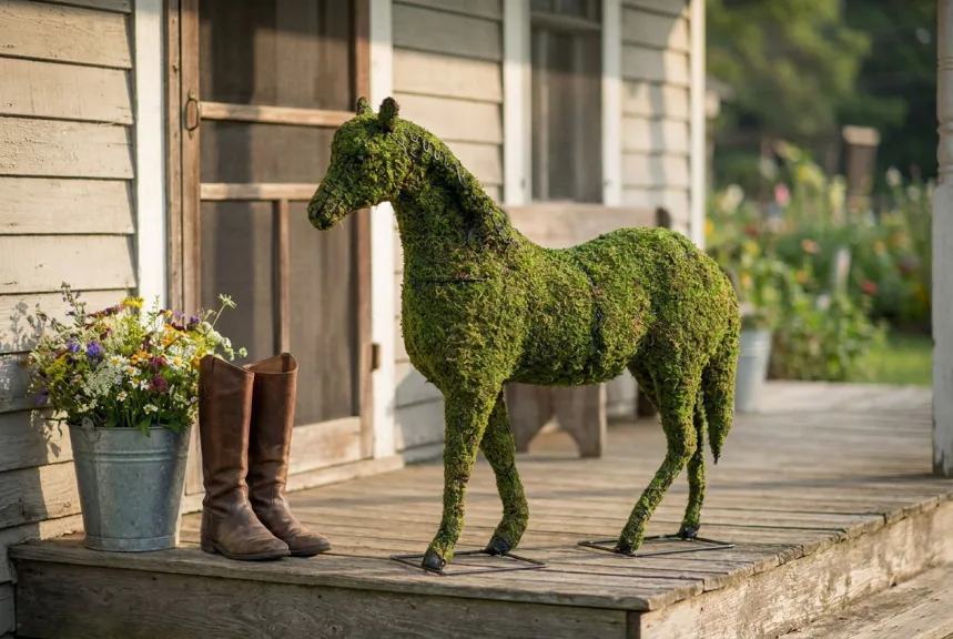 A small moss horse topiary on the wooden steps of a farmhouse porch beside riding boots