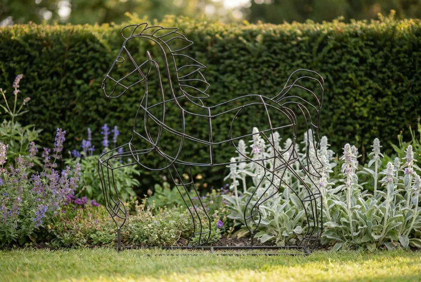 A flat steel wire horse silhouette with a raised foreleg set against a clipped hedge