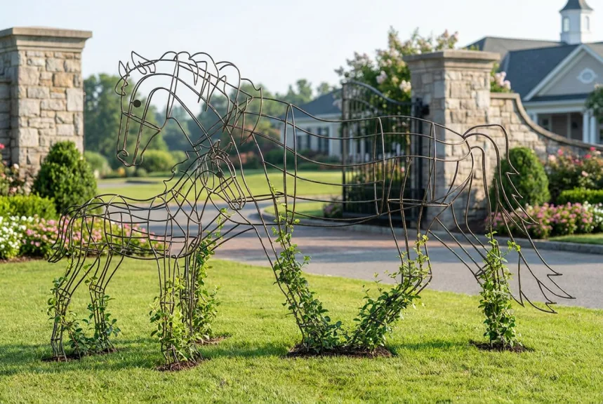 Concept rendering of bare steel mare and foal frames with young vines at a country club