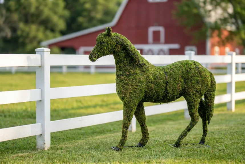 A moss horse topiary on its metal base frames beside a white post-and-rail paddock fence