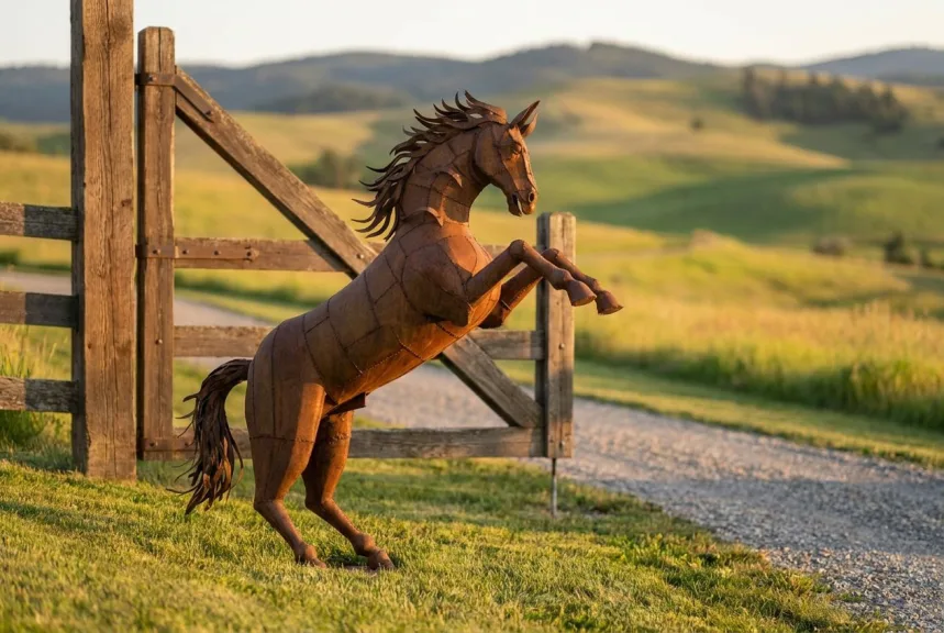 A life-size rusted steel rearing horse sculpture on a grassy slope beside a ranch entrance