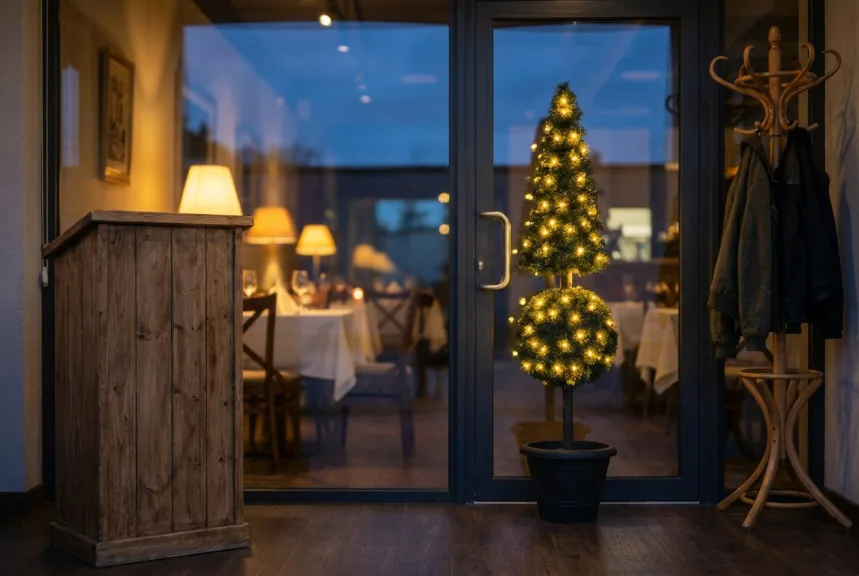 A lighted 6 ft pine topiary with a cone over a ball inside a restaurant entrance