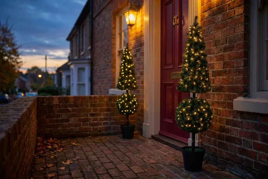 Two lighted pyramid ball pine topiaries in black pots either side of a red front door