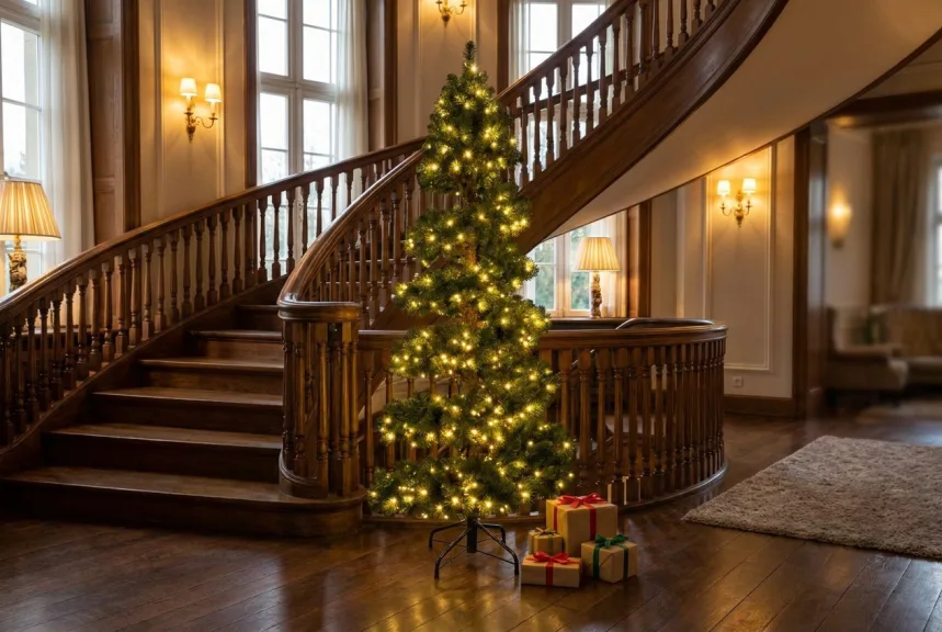 A lighted 7 ft spiral spruce topiary tree glowing in the corner of a hotel lobby