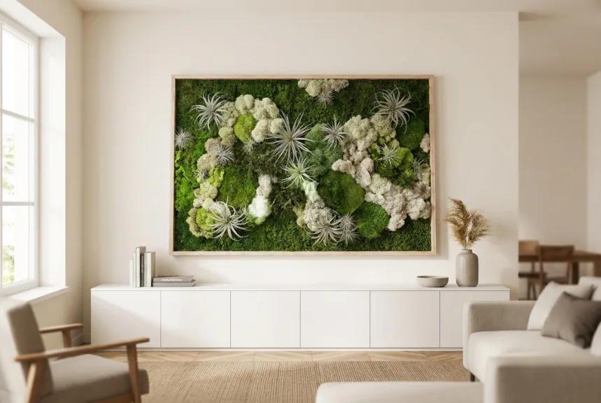 A wood-framed panel of preserved moss and live air plants above a white sideboard