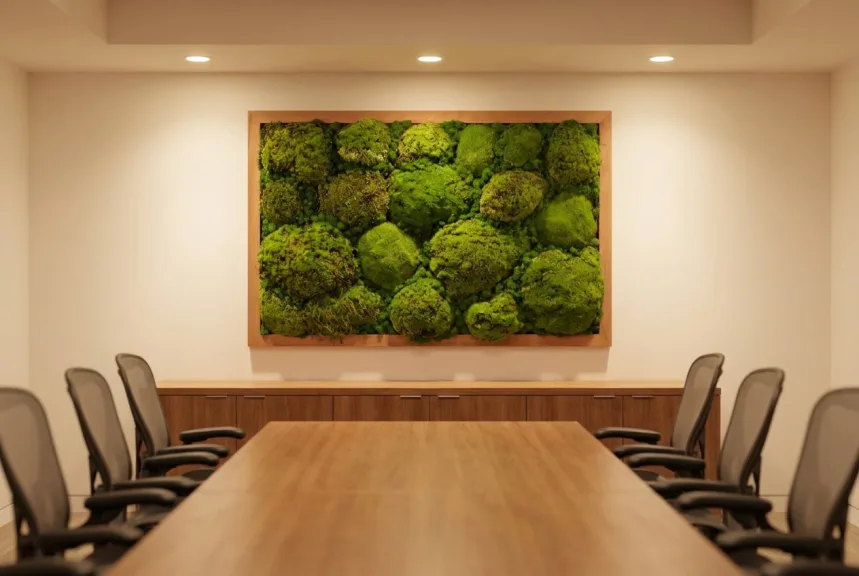 A wood-framed moss wall panel on the end wall of a windowless conference room