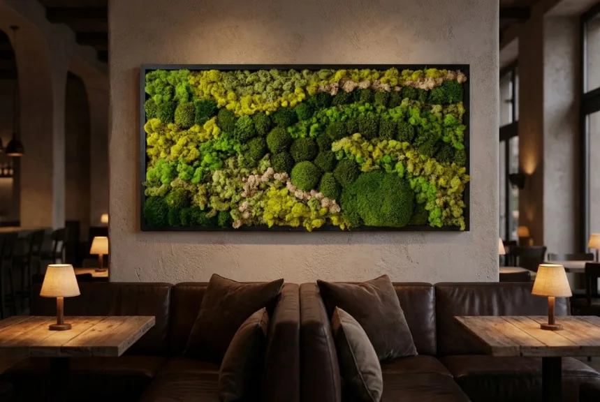 A black-framed preserved moss wall panel above a leather banquette in a restaurant