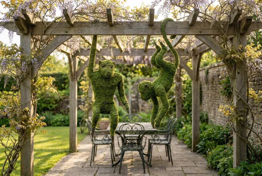 Concept rendering of two mossed monkeys hanging from the crossbeam of a garden pergola