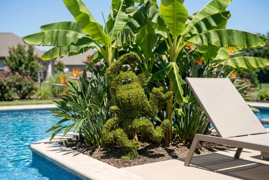 Mossed dancing monkey topiary on one foot in a tropical bed beside a pool