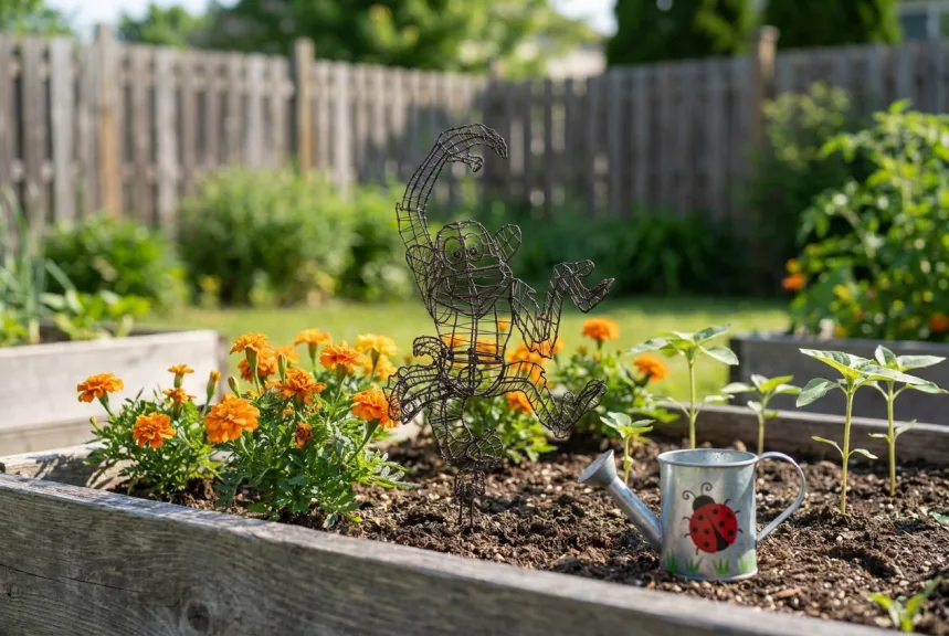 A bare black wire dancing monkey frame standing among marigolds in a children's garden bed