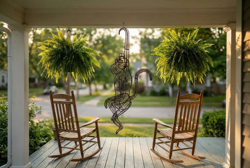 A bare wire hanging monkey frame suspended from the beam of a white wooden front porch