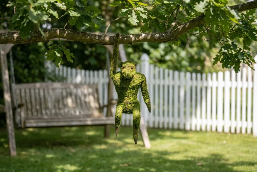Mossed monkey topiary hanging by one raised arm from a low oak branch