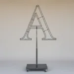 Monogram letter A topiary frame in Roman style, bare galvanized steel on an adjustable stand