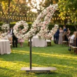 Monogram letter A topiary covered in flowers as a photo backdrop at a garden wedding