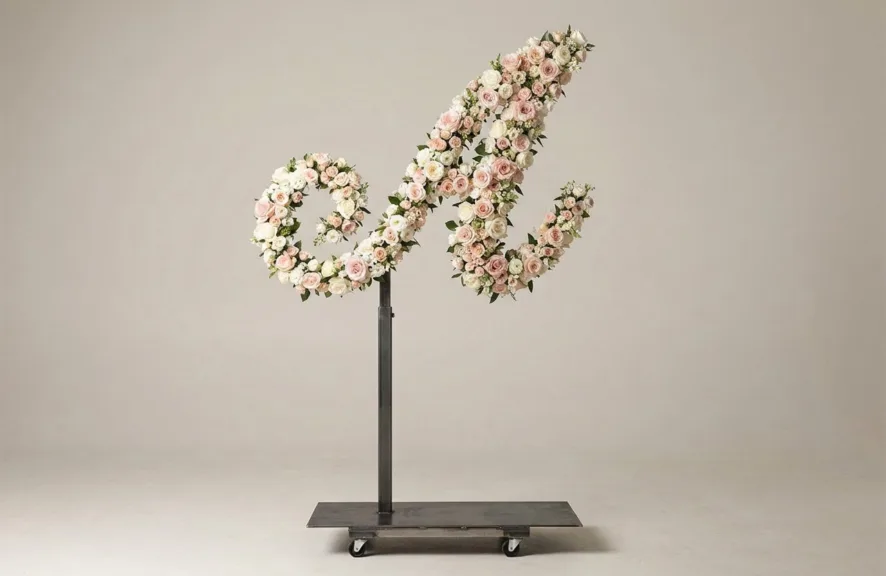 Monogram letter A topiary in script style, covered in pink and white roses