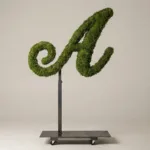 Monogram letter A topiary in Script style, packed with green moss, on an adjustable stand