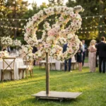 Monogram letter B topiary covered in flowers as a photo backdrop at a garden wedding