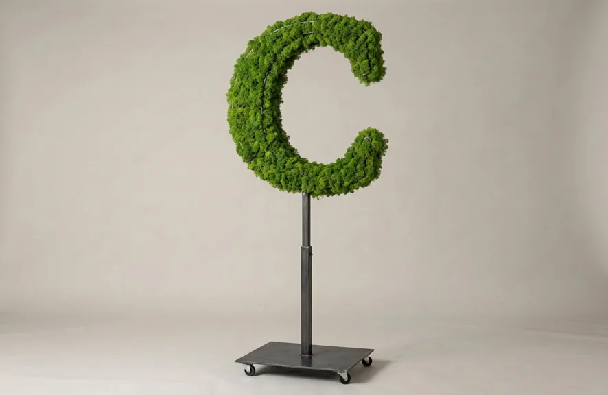 Monogram letter C topiary in Cinzel style, packed with green moss, on an adjustable stand