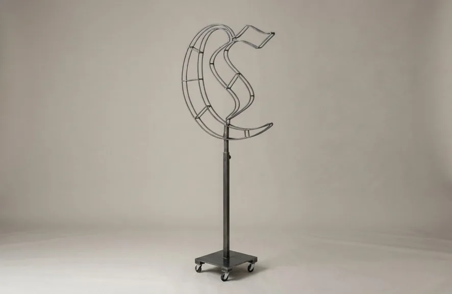 Monogram letter C topiary frame in Custom style, bare galvanized steel on an adjustable stand