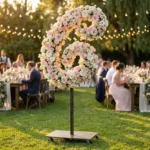 Monogram letter C topiary covered in flowers as a photo backdrop at a garden wedding