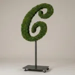 Monogram letter C topiary in Script style, packed with green moss, on an adjustable stand
