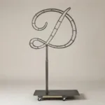 Monogram letter D topiary frame in Flowing script style, bare galvanized steel on an adjustable stand