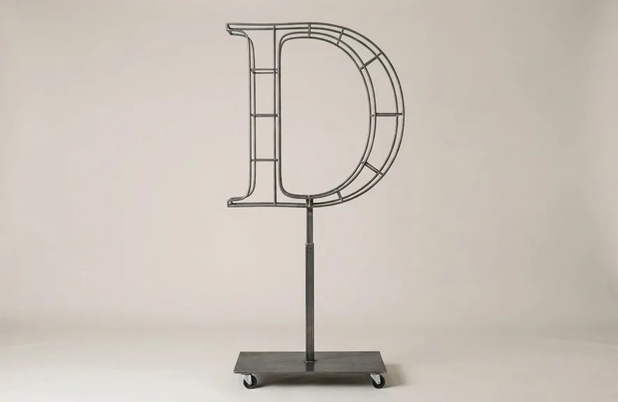 Monogram letter D topiary frame in Roman style, bare galvanized steel on an adjustable stand