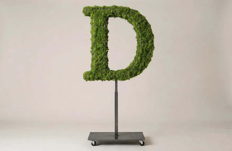 Monogram letter D topiary in Roman style, packed with green moss, on an adjustable stand