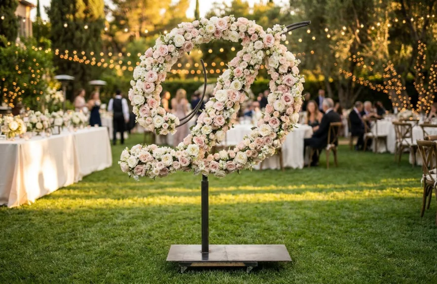 Monogram letter D topiary covered in flowers as a photo backdrop at a garden wedding