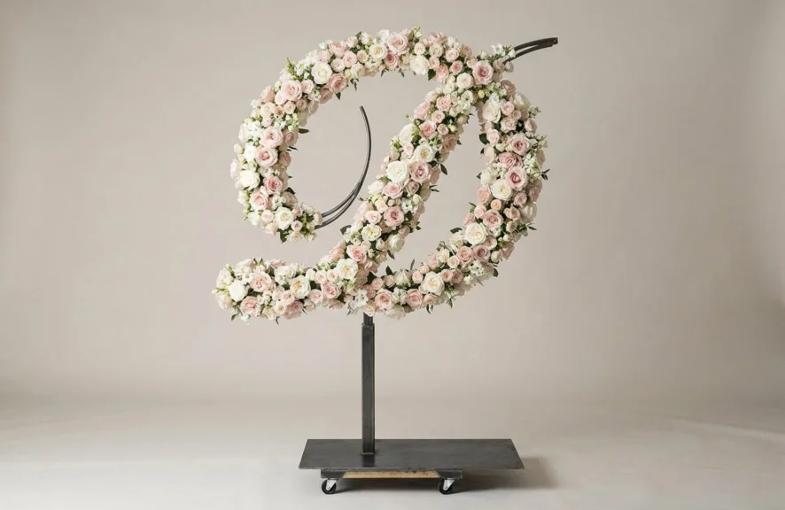 Monogram letter D topiary in script style, covered in pink and white roses