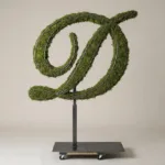 Monogram letter D topiary in Script style, packed with green moss, on an adjustable stand