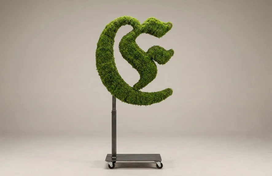 Monogram letter E topiary in Custom style, packed with green moss, on an adjustable stand