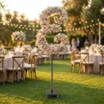 Monogram letter E topiary covered in flowers as a photo backdrop at a garden wedding