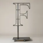 Monogram letter F topiary frame in Cinzel style, bare galvanized steel on an adjustable stand