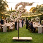 Monogram letter F topiary covered in flowers as a photo backdrop at a garden wedding