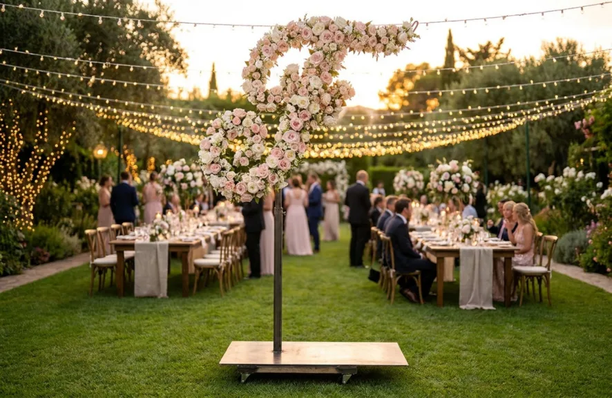 Monogram letter F topiary covered in flowers as a photo backdrop at a garden wedding