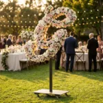 Monogram letter G topiary covered in flowers as a photo backdrop at a garden wedding