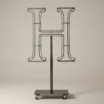 Monogram letter H topiary frame in Cinzel style, bare galvanized steel on an adjustable stand